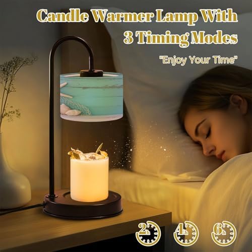 Candle Warmer Lamp with Timer Starfish Shell Teal Beach Nature Seashells Fishing Net Weathered Wood Dimmable Wax Warmer with 4 Bulbs for Jar Candles Women Birthday Gifts House Warming New Home Decor - Image 4