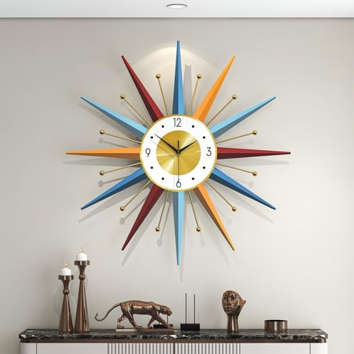 Large Starburst Wall Clock for Living Room Decor 24 Inch Metal Decorative Mid Century Wall Clcok Big Modern Silent Quality Quartz Clock Battery Operated Non Ticking for Kitchen Office Bedroom by CreativeClock