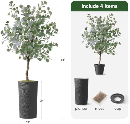 Artificial Tree in Geometric Spiral Pattern Planter, Fake Eucalyptus Silk Tree for Indoor and Outdoor Home Decoration - 66" Overall Tall (Plant Pot Plus Tree) - Image 3