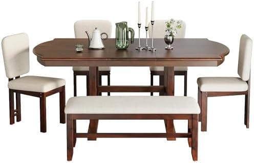 VilroCaz 6 Pieces Retro Functional Dining Set, Solid Wood Extendable Dining Table with 4 Upholstered Chairs and Bench, Traditional Dining Room Kitchen Table Set for 6 - Image 4