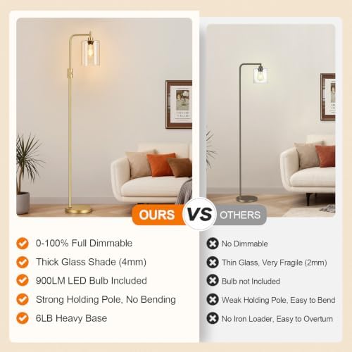 【Upgraded】 Dimmable Floor Lamp for Living Room with Seeded Glass Lampshade, Gold Modern Glass Floor Lamp with 900LM LED Bulb Included, Arc Standing Tall Lamp for Bedroom, Office, Reading Room, Corner - Image 2