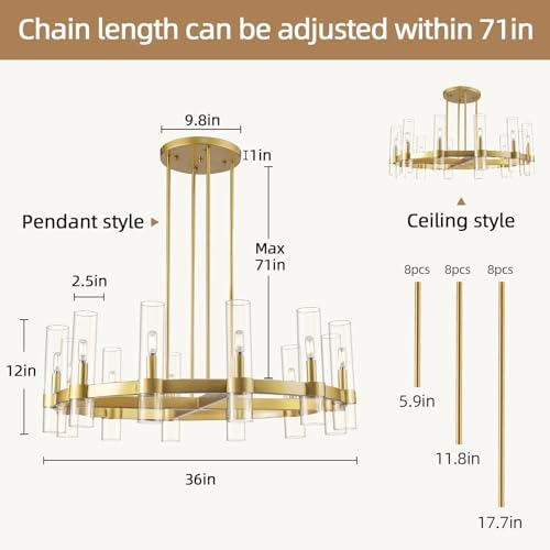 Knurldon12 Light Brass Round Chandelier 36" Wagon Wheel Chandeliers for Dining Room Light Fixture Clear Glass Tube Chandelier Modern Farmhouse Chandeliers for LivingRoom Foyer, Bulb Included - Image 3