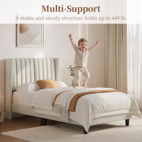 Yaheetech Twin Bed Frame with Headboard,Ivory Channel-Tufted Platform - Image 5