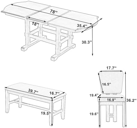 VilroCaz 6 Pieces Retro Functional Dining Set, Solid Wood Extendable Dining Table with 4 Upholstered Chairs and Bench, Traditional Dining Room Kitchen Table Set for 6 - Image 2