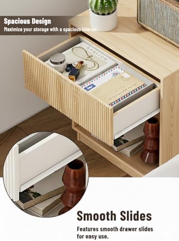 Fluted Nightstands Set of 2, Modern Bedside Table with Drawer and Storage Shelf, Wood End Table Mid Century Night Stands for Bedroom Living Room Sofa Couch Office (Oak) - Image 3