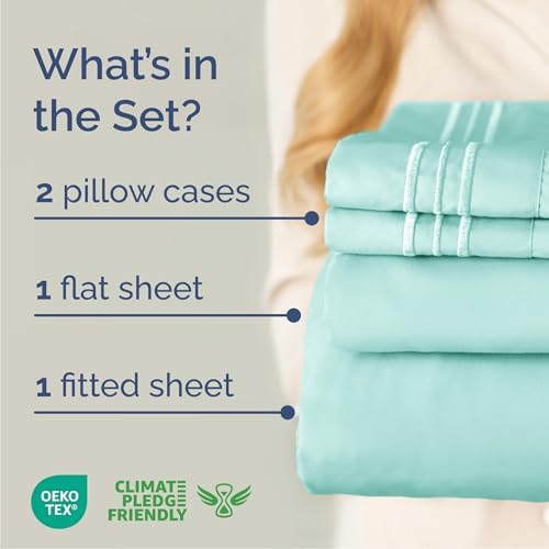 Queen Size 4 Piece Sheet Set - Comfy Breathable & Cooling Sheets - Spa Blue - Image 2