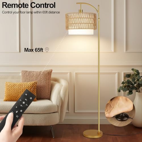 Gold Floor Lamps for Living Room Rattan Boho Floor Lamp with Remote Control & 3 Color Temperature, Dimmable Arc Floor Lamps Wicker Lamp Shades Brass Standing Lamp Tall Floor Lamp For Bedroom Corner - Image 4