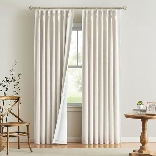 Vision Home Natural Pinch Pleated Full Blackout Curtains Linen Blended Room Darkening Window Curtains 108 inch for Living Room Bedroom Thermal Insulated Pinch Pleat Drapes with Hooks 40" Wx108 Lx2 by VisionHome