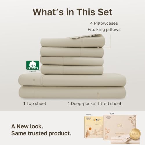 California Design Den 100% Cotton Sateen King Size Sheets Set, 6 Pcs, Beige - Image 3