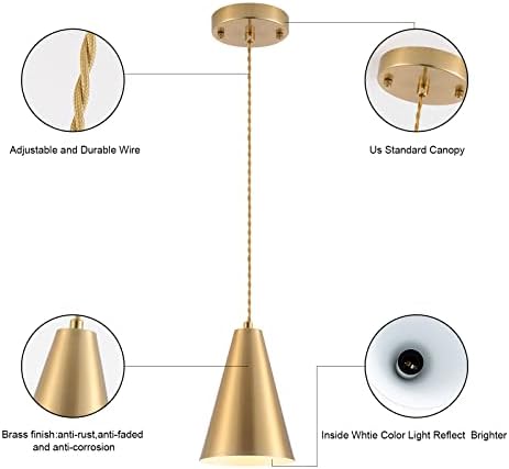 Dijiahua Brass Pendant Lights Kitchen Island,Gold Dining Room Light Fixtures Over Table with Cone Metal Shade, Modern Vintage Mini Chandeliers,Adjustable Cord Hanging Lighting for Bar,Sink.(1 Pack) - Image 5
