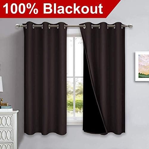 NICETOWN 100% Blackout Curtains 45 inches Long, 1 Pair, Brown, 42 inches Width Each Panel, 2 Thick Layers Completely Blackout Window Treatment Thermal Insulated Lined Drapes for Small Window - Image 2