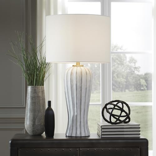 Signature Design by Ashley Lanwell Table Lamp, Tall 32" Antique Gray Fluted Base, Transitional Style Cotton Drum Shade for Living Room and Bedroom Nightstand, 3-Way Switch, 150W Max - Image 2
