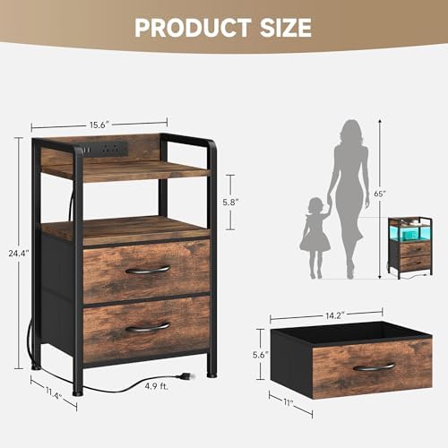 Lazzanto Nightstand with Rear Charging Station, LED Light, 2 Drawers, Brown - Image 3