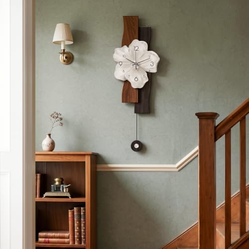 Flower Wall Clocks Battery Operated Decorative with Pendulum 9*24in,Brown by Janstime