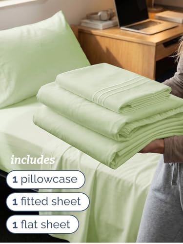 Twin XL 3 Piece Sheet Set - College Dorm Room Essentials - Light Sage Green - Image 3