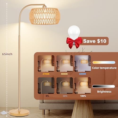 Brilvibera Boho Gold Farmhouse Floor Lamp- Rattan Lamp with Remote and Bulb - Image 2