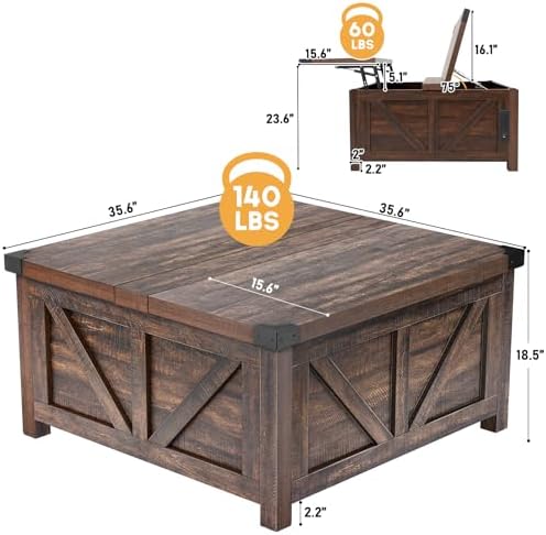 jimeimen Farmhouse Lift Top Coffee Table with Storage, Wood Square Center Table with Charging Station&USB Port, Living Room Table w/Large Hidden Space, for Living Room, Bedroom, Home Office, Brown - Image 2