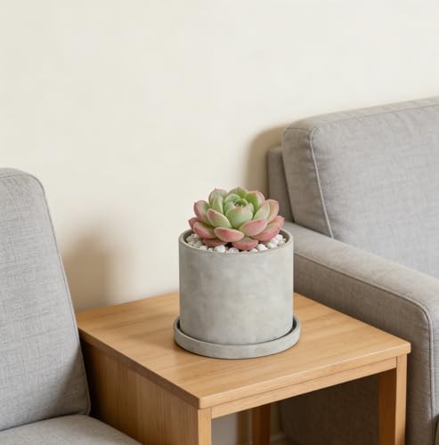 Ekirlin 7 Inch Plant Pot Indoor, Grey Cement Garden Planters with Drain Hole & Saucer Tray, Modern Succulents Containers Flower Pots for Home Decor, Outdoor, Office and Most Plants - Image 6