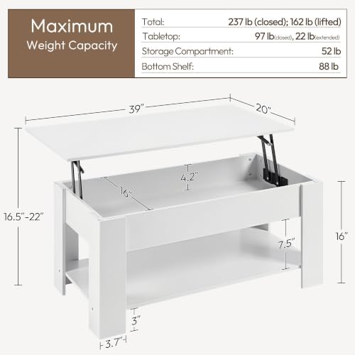 Yaheetech White Lift Top Coffee Table with Storage for Living Room, 38.6" - Image 3