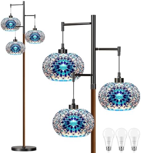 QIYIZM Turkish Floor Lamp for Living Room,Bedroom,Moroccan Mosaic Standing Lamp Stained Glass Lamps Black Mid Century Tall Lamps Unique Tree 3 Light Vintage Retro Wood Floor Lights Boho Tiffany Style by QIYIZM