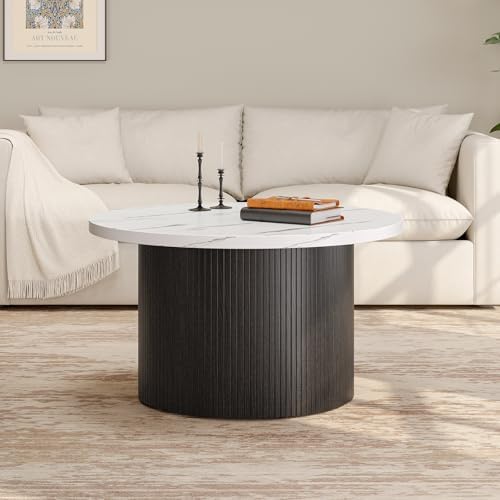 ONBRILL 31.5" Round Coffee Table, Tambour Design, Marble Color - Image 5
