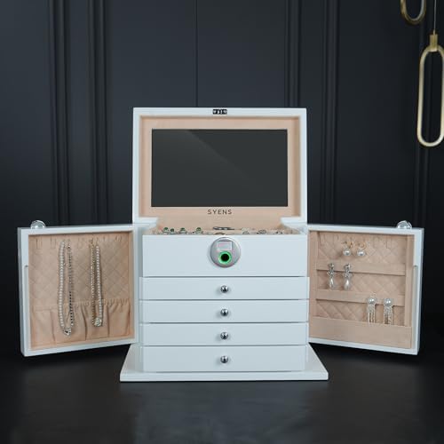 White Wood Jewelry Box, Large Size, Fingerprint Unlock, Seven Level Jewelry Organizer with Necklace Hanger and Mirror, High Gloss Lacquer Finish (5L-WT) by SYENSofficial