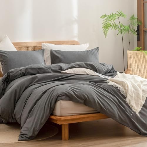 BESTOUCH Cotton Solid Duvet Cover Set Linen Feel Dark Grey Oversized Full - Image 4