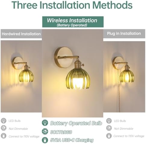 Shenmoyl Vintage Battery Operated Wall Sconce with Green Tulip Glass Lampshade Rechargeable Battery Powered Wall Light with Remote Control for Bedside Bedroom Doorway - Image 3