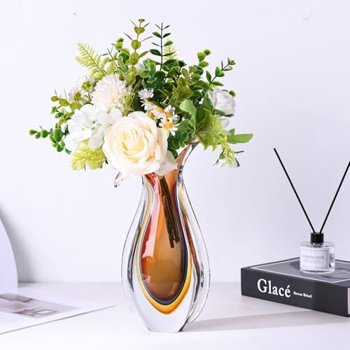 Amber Hand Blown Glass Vase – Oval Decorative Art Glass for Centerpieces, Murano Inspired Decor for Dining Room, Entryway Table, or Shelf, Handmade Glass Vase for Home Display (Red Yellow) - Image 3