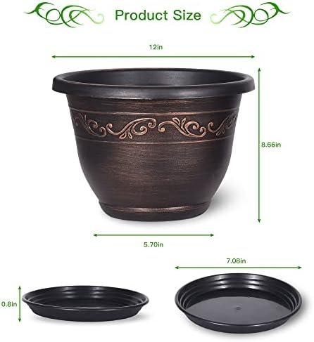 Plastic-Plant-Flower-Planters-12 Inch with Drainage Hole & Saucer, 3 Packs Lightweight Small Resin Flower Pot Indoor Outdoor, Retro Antique Imitation Decorative Garden Containers Sets for Houseplants - Image 2