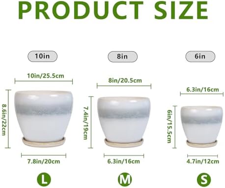 Ceramic Plant Pots - 10 Inch 8 Inch 6 Inch Planters, White-Grey - Image 3