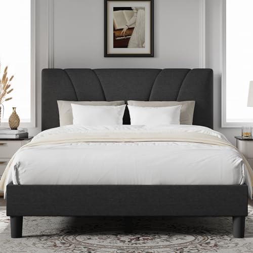 Novilla King Size Bed Frame with Adjustable Headboard Platform King Bed Frame Linen Fabric Upholstered Headboard, No Box Spring Needed, Noise-Free, Wooden Slats Support, Easy Assembly, Dark Grey by Novilla
