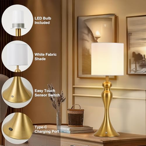 Cordless Table Lamp Rechargeable, Battery Fabric Bedside Touch Light, Brass - Image 6