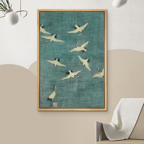 NWT Framed Canvas Print Wall Art Cranes in Flight, Minimalist Japanese-Inspired Illustrations Modern Art Decorative Landscape Rustic Zen Colorful for Living Room, Bedroom, Office - 16"x24" Natural - Image 3