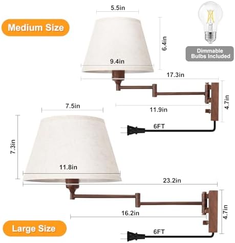 TRLIFE Dimmable Wall Sconce Plug in, Wall Sconces Set of Two Swing Arm Wall Lights with Plug in Cord and On/Off Dimmer Rotary Switch, 11.8" Large Beige Fabric Shade(2 Pack, Walnut Color) - Image 6