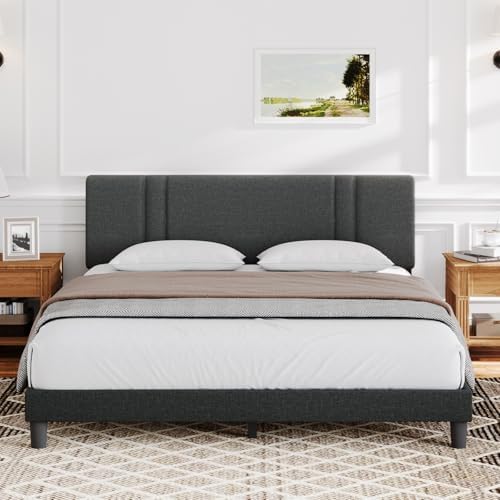 Novilla Full Size Bed Frame with Adjustable Headboard Platform Full Bed Frame with Linen Fabric Upholstered Headboard, No Box Spring Needed, Wooden Slats Support, Easy Assembly, Dark Grey by Novilla