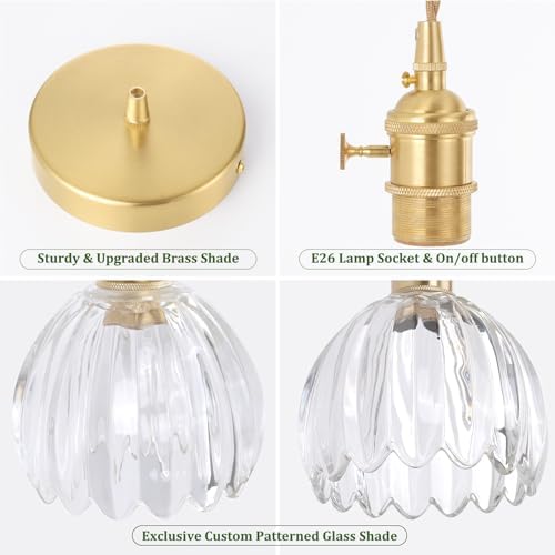 Shenmoyl Pendant Light with Clear Tulip Glass Lmapshade, Brass Vintage Pendant Light Adjustable Hanging Light for Kitchen Island Dining Room Hallway - Image 5