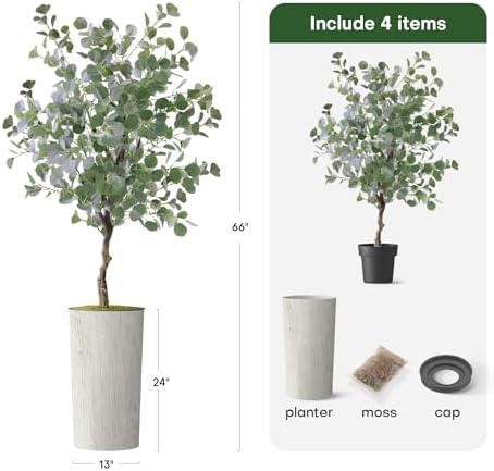 Artificial Tree in Modern Swirl Pattern Planter, Fake Eucalyptus Silk Tree for Indoor and Outdoor Home Decoration - 66" Overall Tall (Plant Pot Plus Tree) - Image 3