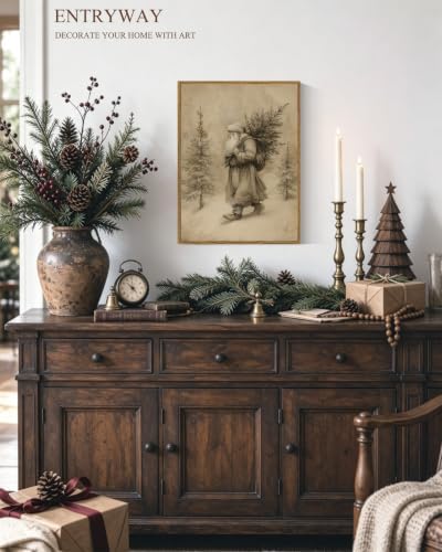 InSimSea Vintage Winter Christmas Decor, Santa with Tree Framed Art - Image 3