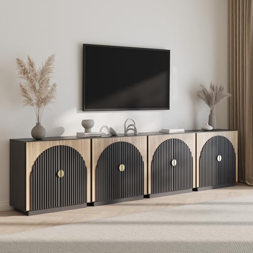 BELLEZE Set of 4 Modular Fluted Sideboard Buffet Cabinet, Mid-Century Modern Console Sideboard with Symmetrical Arched Doors, Elegant Credenza for Kitchen, and Living Room, Camel by BELLEZE