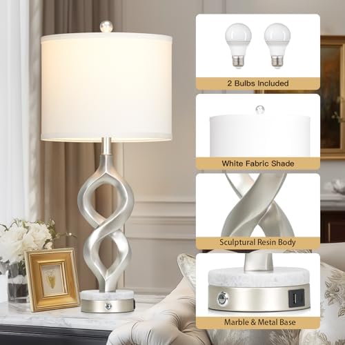 Cinyirong Silver Table Lamps Set of 2 for Living Room, 30" Tall Touch Control Bedside Lamps for Bedroom Nightstand, 3-Way Dimmable Modern Sculptural Table Lamp with USB A+C Ports and 2 LED Bulbs - Image 2