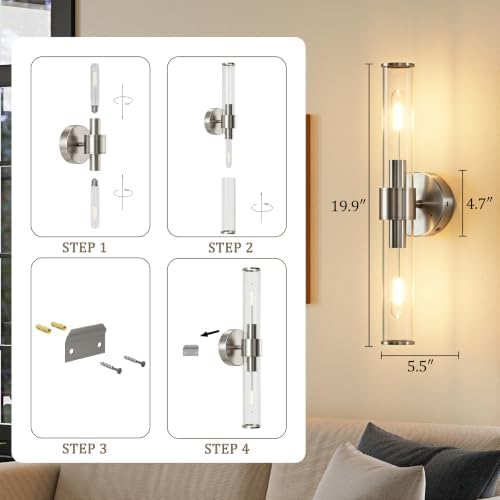Brushed Nickel Battery Operated Wall Sconces Set of 2 with Remote - Image 6
