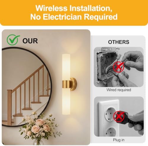 Rechargeable Wall Sconces Set of Two, Brushed Gold Battery Operated Wall Light Fixtures with Remote Control, Dimmable Wireless Wall Sconces with Milky Glass for Bathroom Mirror Bedroom Living Room - Image 5