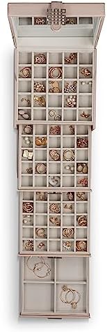Glenor Co Earring Organizer Holder - 75 Small & 4 Large Slots Classic Jewelry Box with Drawer & Modern Closure, Mirror, 4 Trays Earrings, Ring or Chain Storage - PU Leather Case - Sand - Image 3