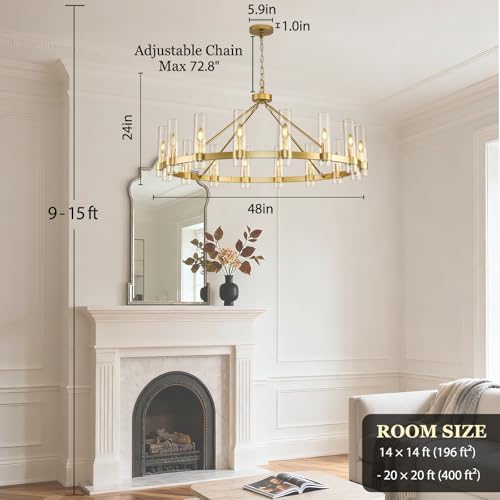 Gold Wagon Wheel Chandelier, 48 Inch Chandeliers with Glass Shade, 16 Light Chandelier for High Ceiling, Modern Farmhouse Chandeliers for Living Room, Dining Room, Entryway, Stairwell(Bulbs Included) - Image 2