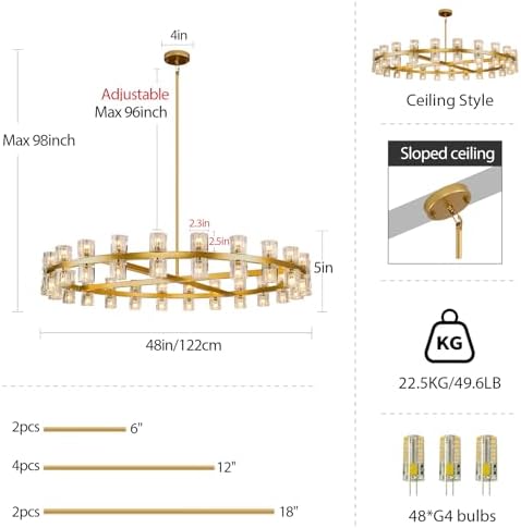 Modern 48 inch Gold Round Chandeliers Light Fixture, Crystal Chandeliers for Dining Room, Living Room Chandelier, Wagon Wheel Chandelier Over Table, Suitable for Bedroom,Foyer,Includes Bulbs - Image 3