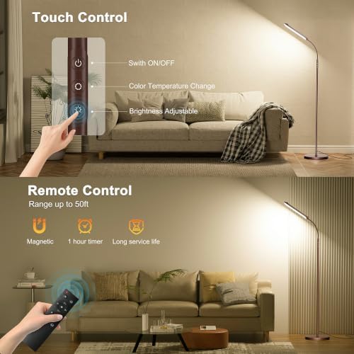 Yikuneng Dimmable LED Floor Lamp, Super Bright Reading Lamps Floor Standing lamp with Remote & Touch Control, Stepless Dimming & 2700K-6500K Color Temperature, for Living Room Bedroom Office, Brown - Image 6