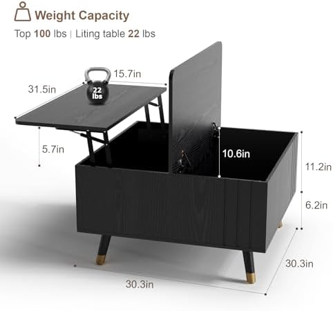 JOINICE Square Lift Top Coffee Table with Storage for Living Room,Black - Image 2