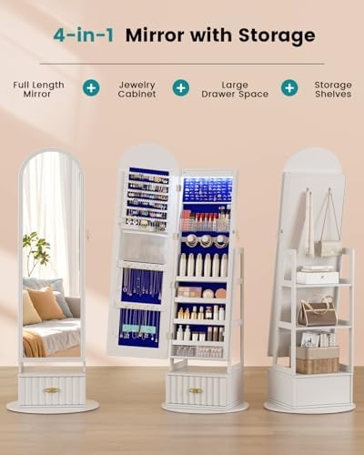 Vlsrka Arched LED Mirror Jewelry Cabinet with Full Length Mirror, White - Image 6