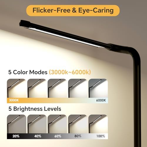 LED Desk Lamp for Home Office: Desk Light Double Head Adjustable with Power Strip 2 AC Outlets, USB-C USB-A Charging Ports Surge Protection, Foldable Table Lamp for College Dorm Room Essentials - Image 5